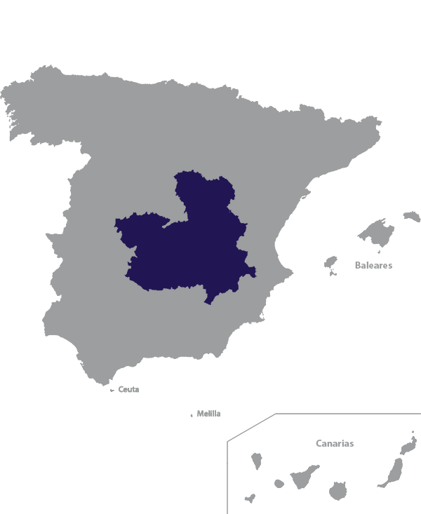 Landkaart Spanje grijs met regio Castilië-La Mancha donkerblauw op transparante achtergrond - 600 * 733 pixels